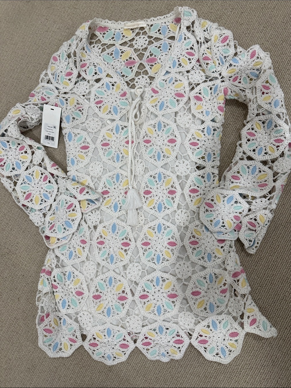 LoveShackFancy White Crochet Tie-Front dress with Pink, Blue & Yellow small